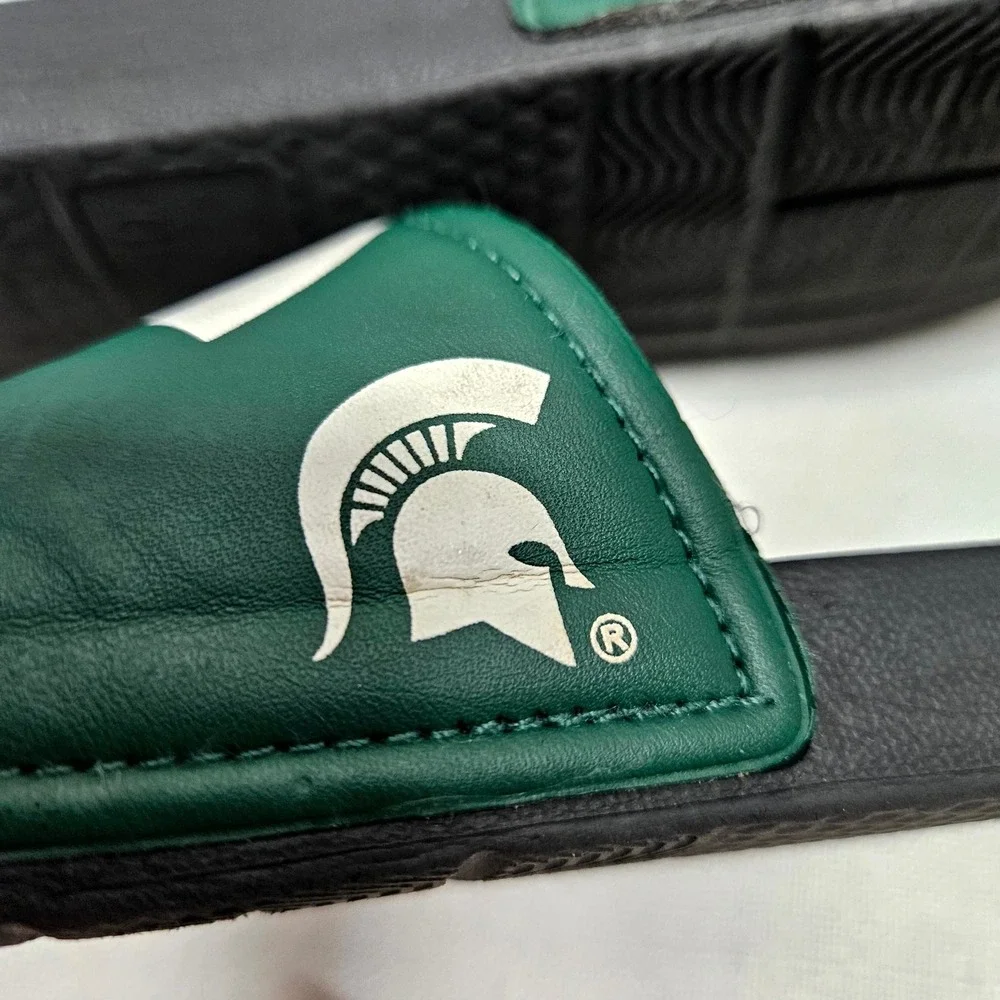 Michigan State Spartans Slides Adult Small Green White Spartan Helmet‎ Sandals
